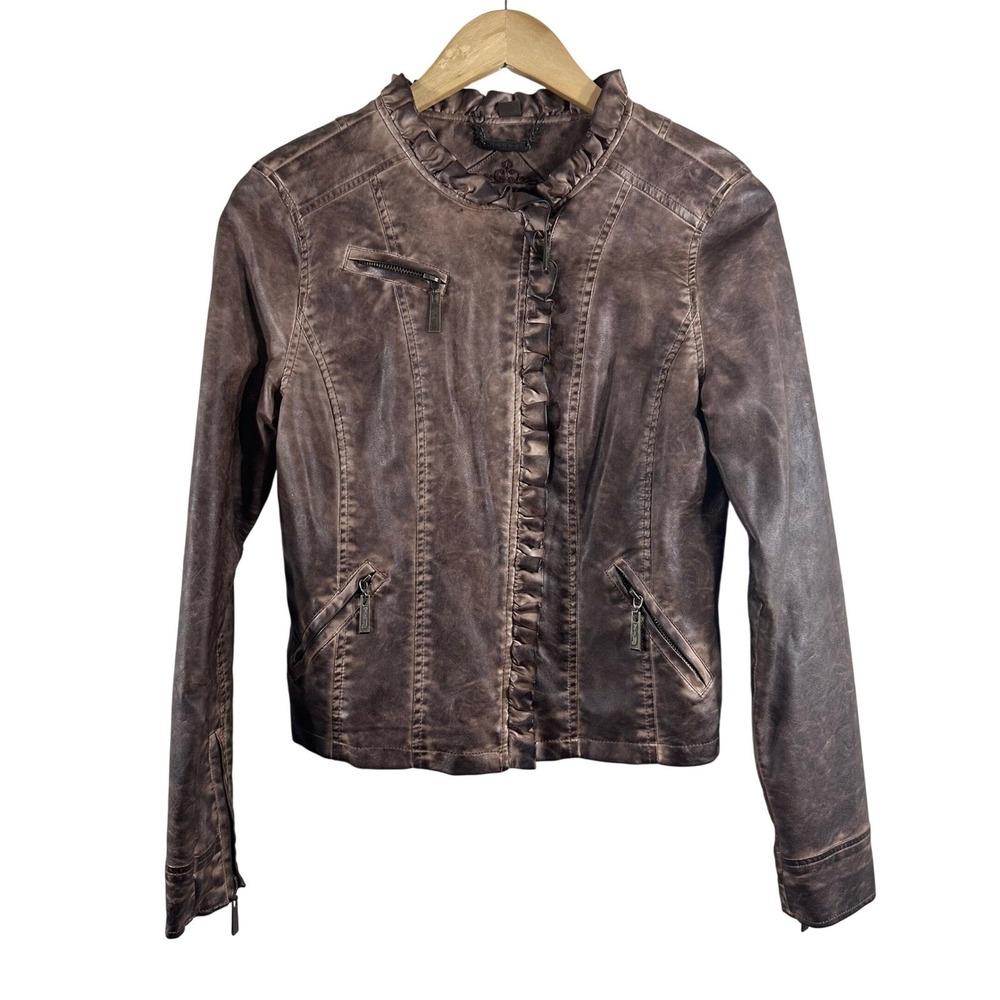 JouJou‎ Girls Brown Faux Leather Ruffle Moto Jacket Distressed XL 18/20